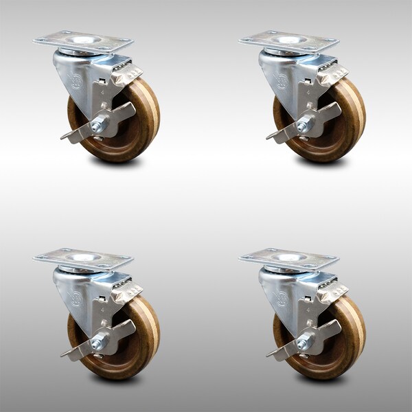 Service Caster 4 Inch SS High Temp Phenolic Swivel Top Plate Caster Set with Brake SCC SCC-SS20S414-PHSHT-TLB-4 - main